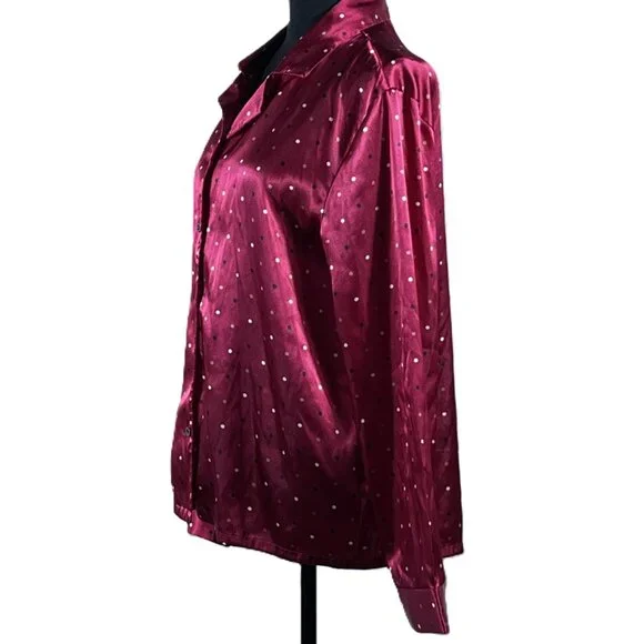 Gilligan & O'Malley Women's, Small, Red Polk-a-Dot, Long Sleeve Silky Shirt - Picture 2 of 5